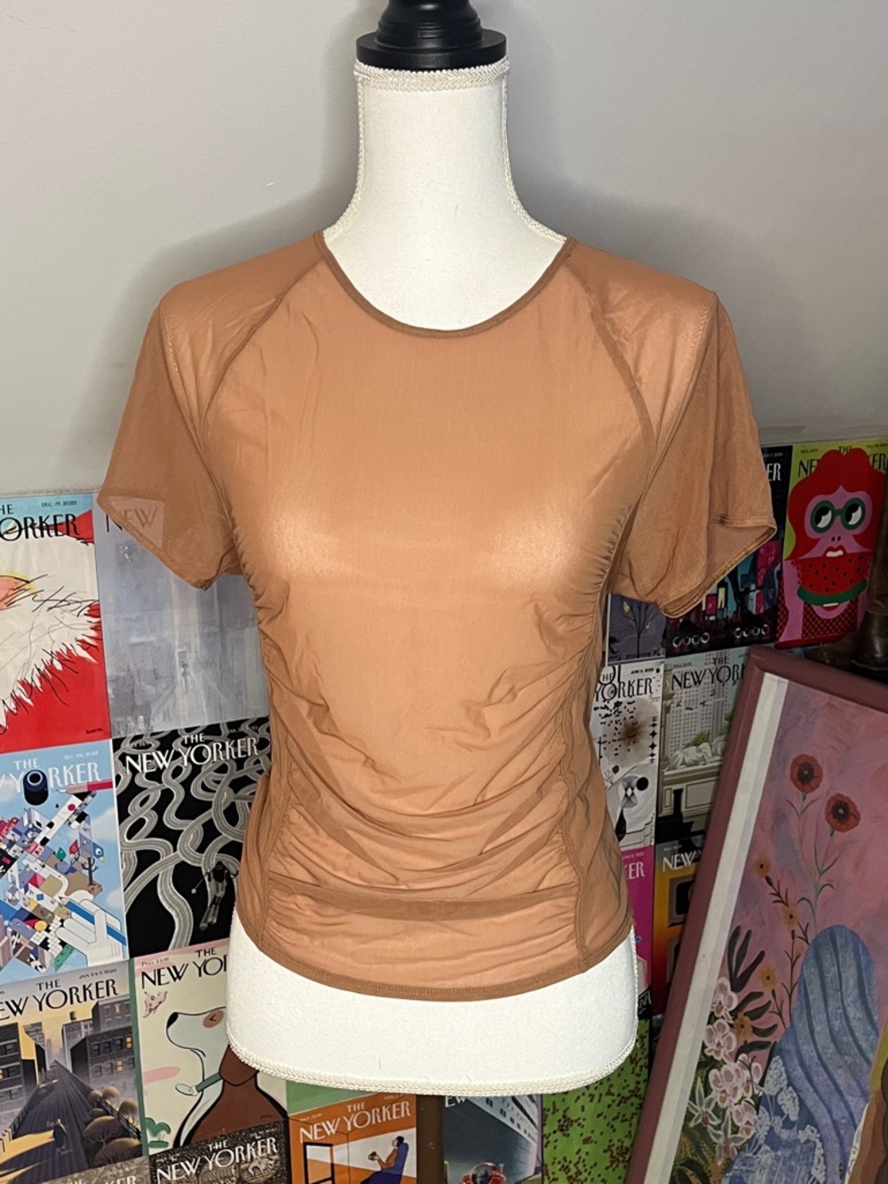 Victoria's Secret Tan Short Sleeve Stretchy Mesh Ruched Crewneck Tee